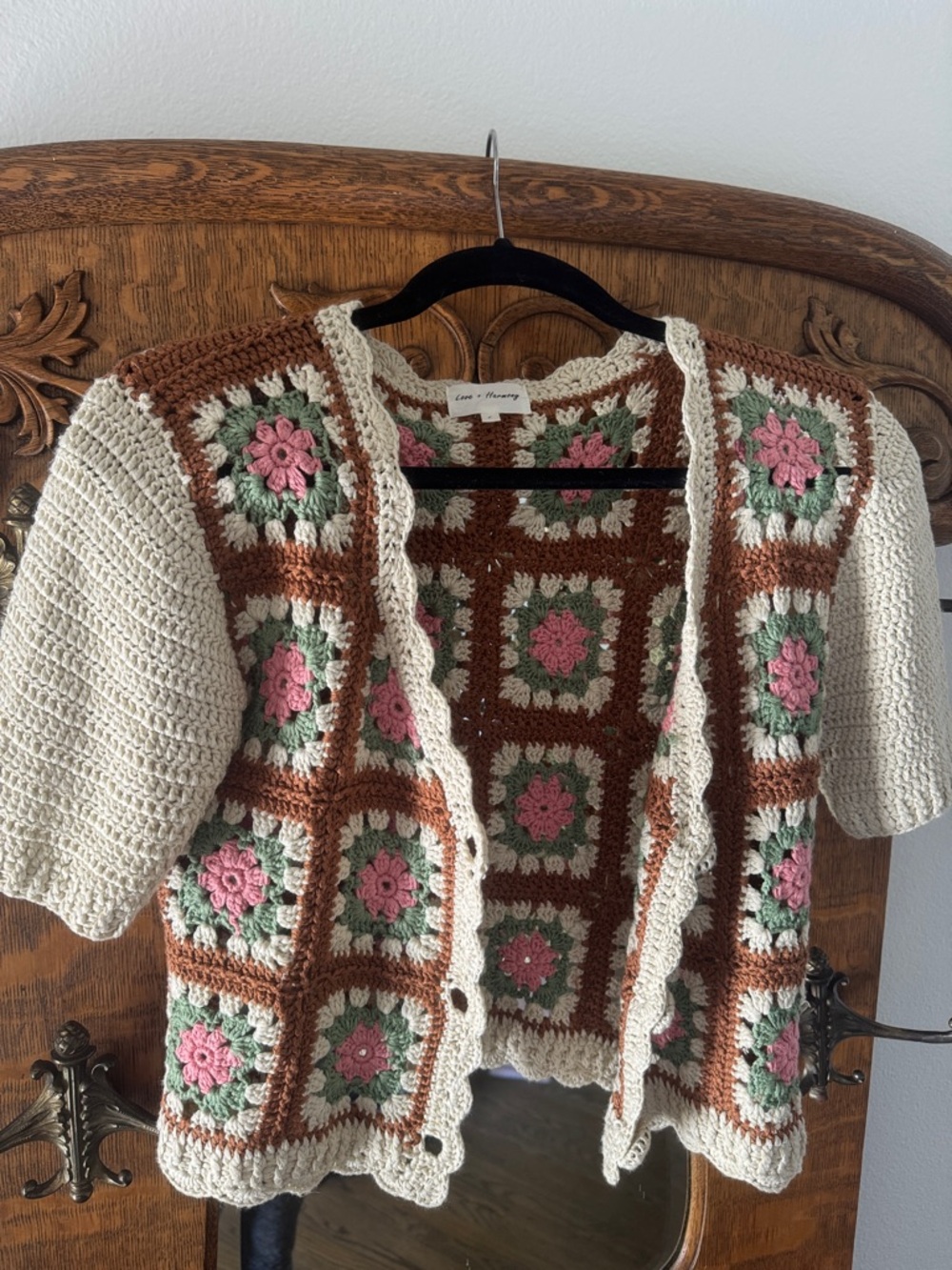 Handcrafted Crochet Floral Cardigan - Cream, Brown & Pink